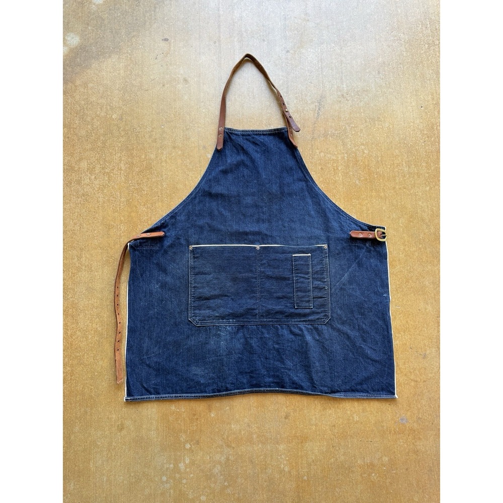 VTG 40s Selvedge Dark Wash Denim Work Apron Leather Straps Hidden Rivets